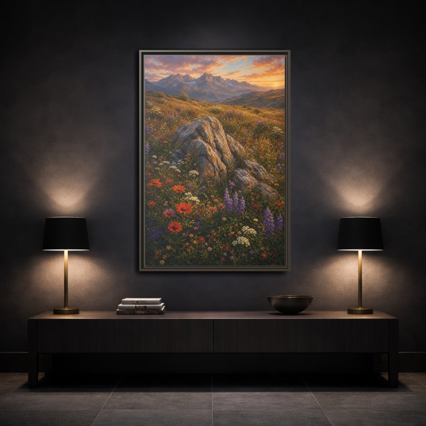 Mockup 3. Nature Mountain Meadow Colorful Mountain Meadow shown as stretched canvas wall art