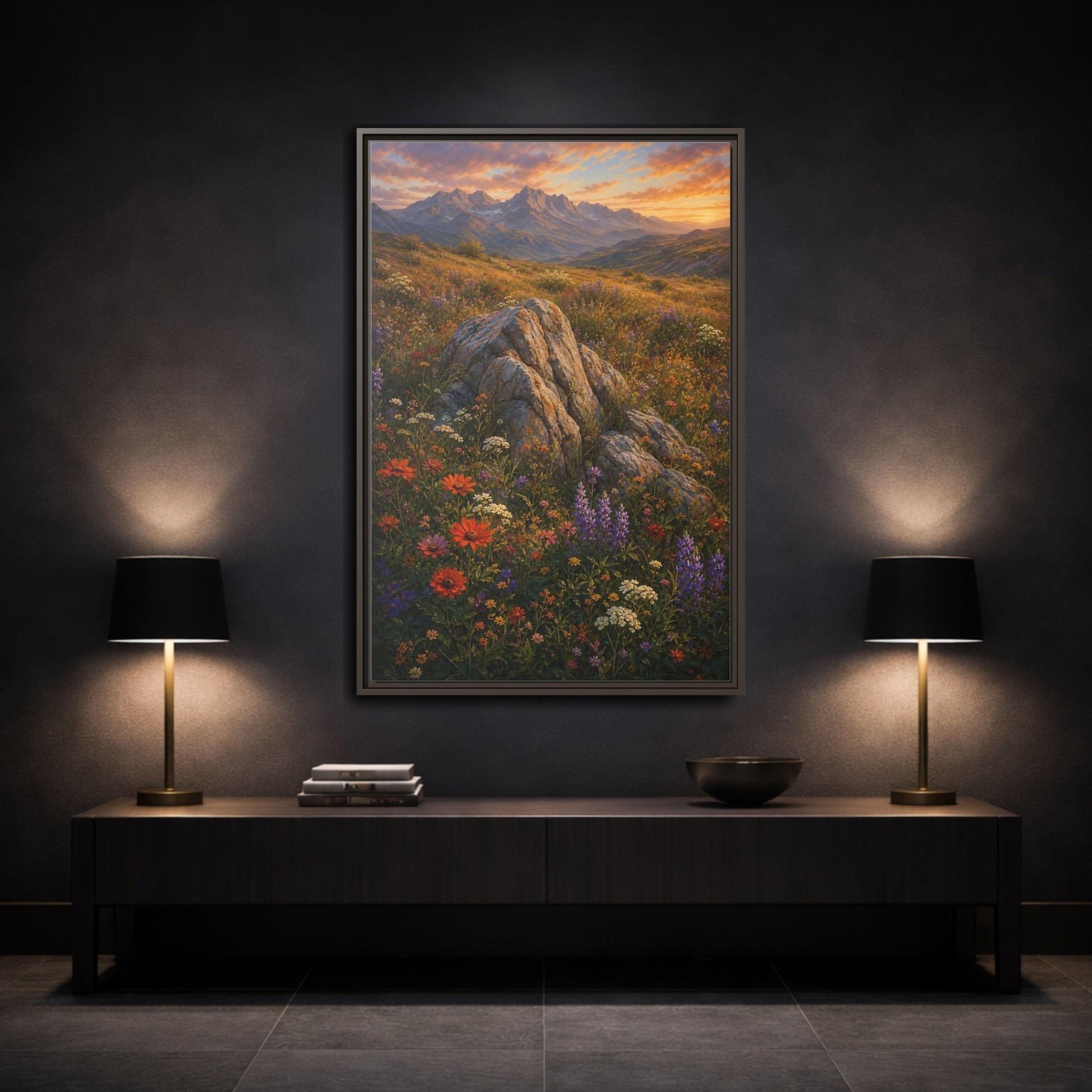 Mockup 3. Nature Mountain Meadow Colorful Mountain Meadow shown as stretched canvas wall art