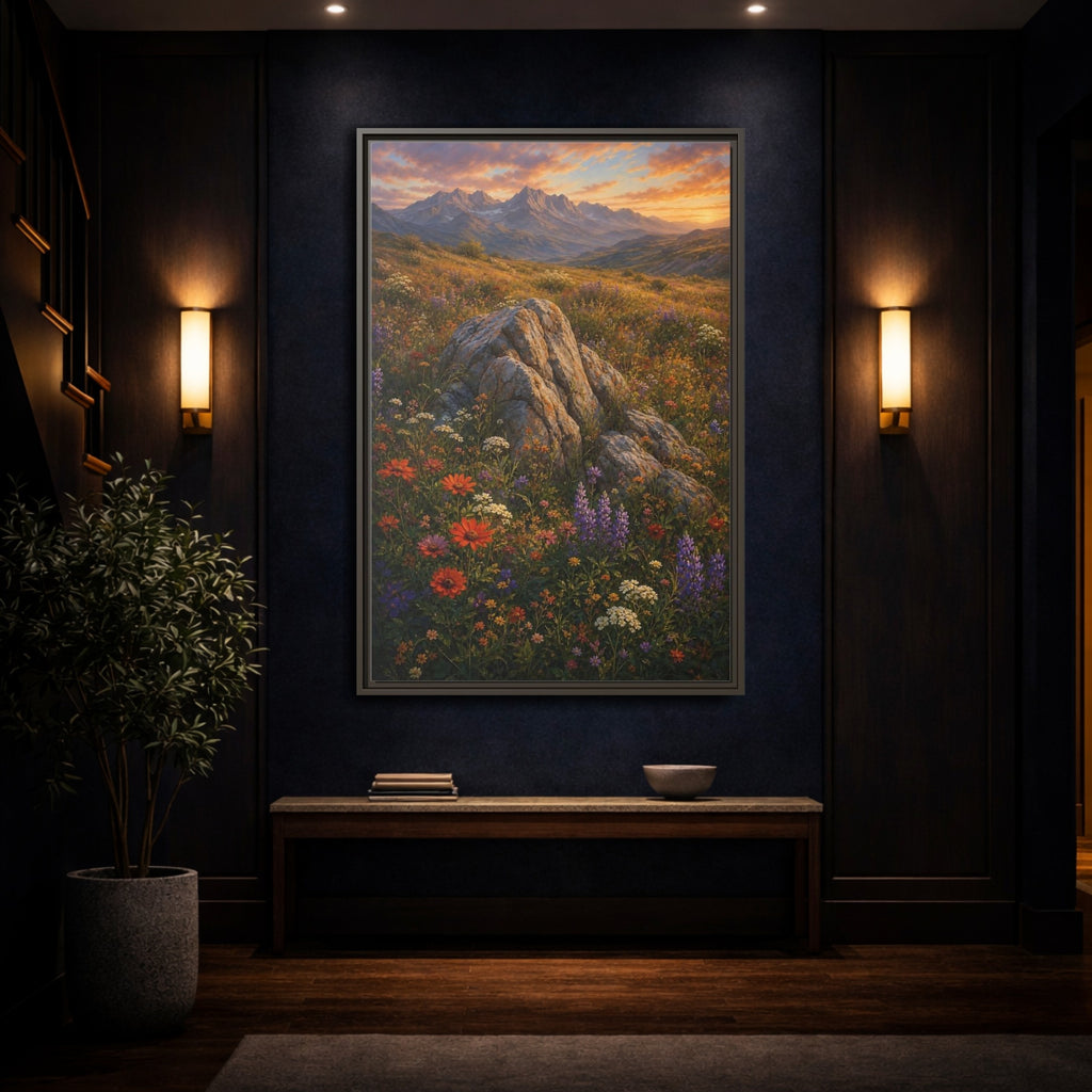 Mockup 4. Nature Mountain Meadow Colorful Mountain Meadow shown as stretched canvas wall art