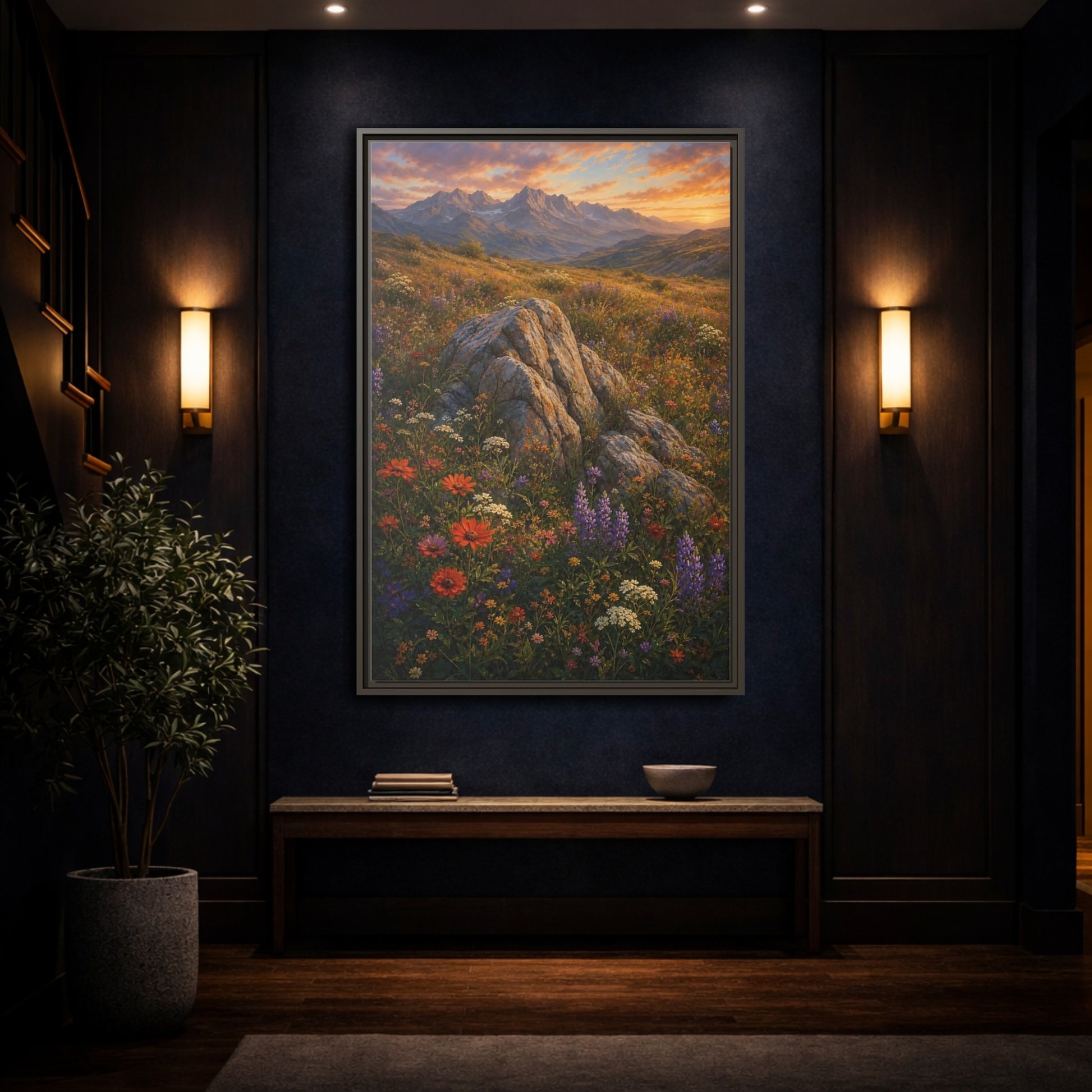 Mockup 4. Nature Mountain Meadow Colorful Mountain Meadow shown as stretched canvas wall art
