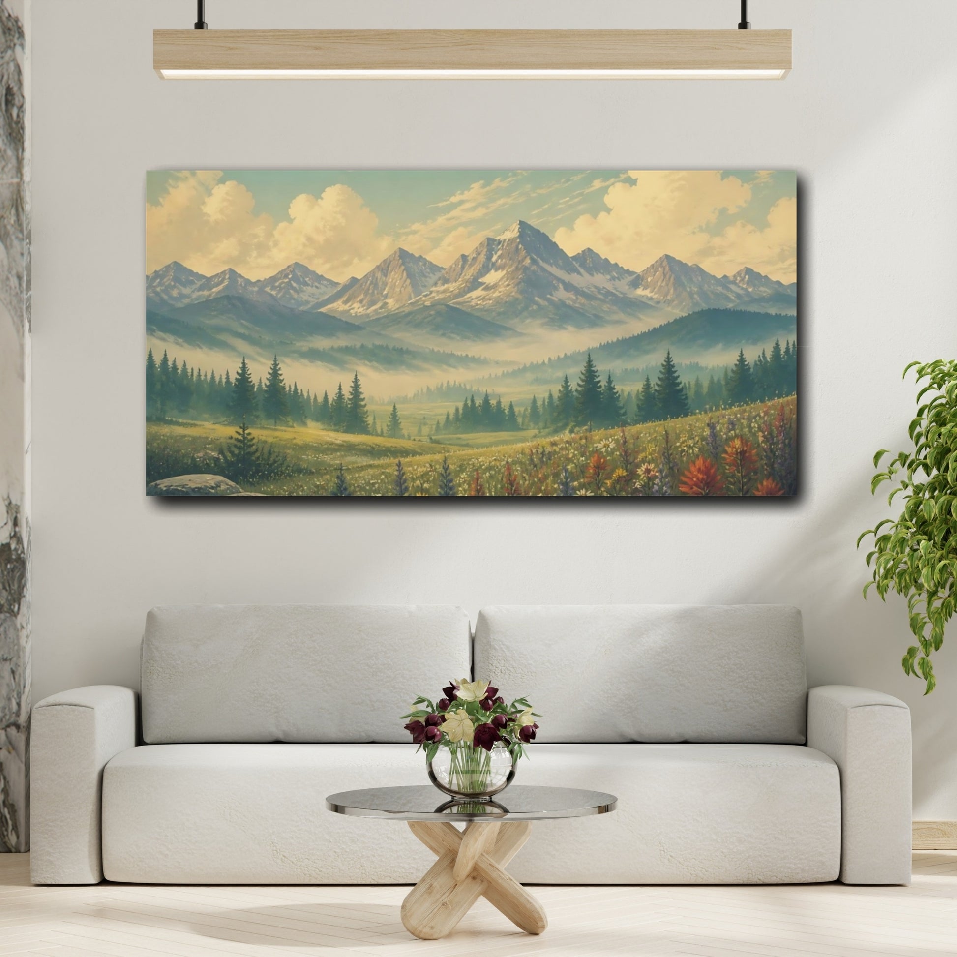 Mockup 2. Nature Mountain Meadow Green Blue Mountain shown as stretched canvas wall art