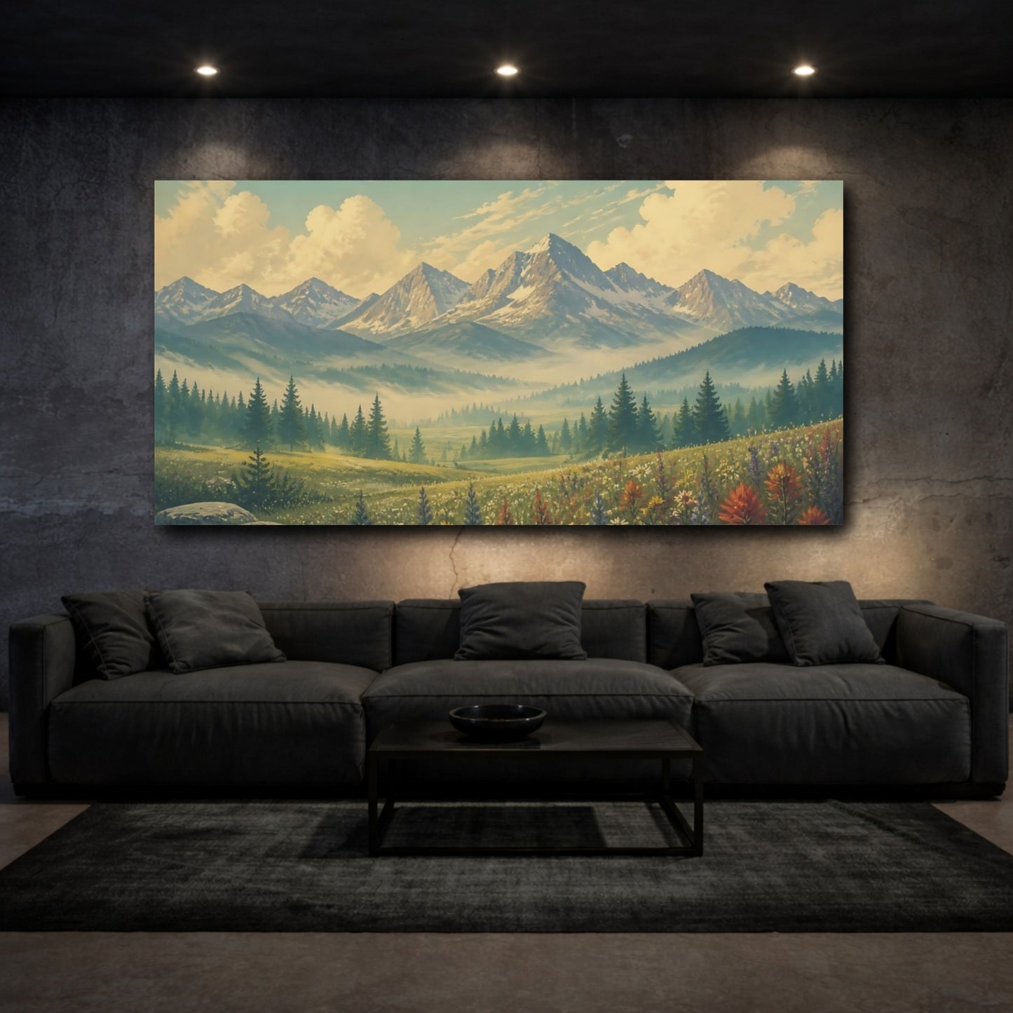 Mockup 3. Nature Mountain Meadow Green Blue Mountain shown as stretched canvas wall art