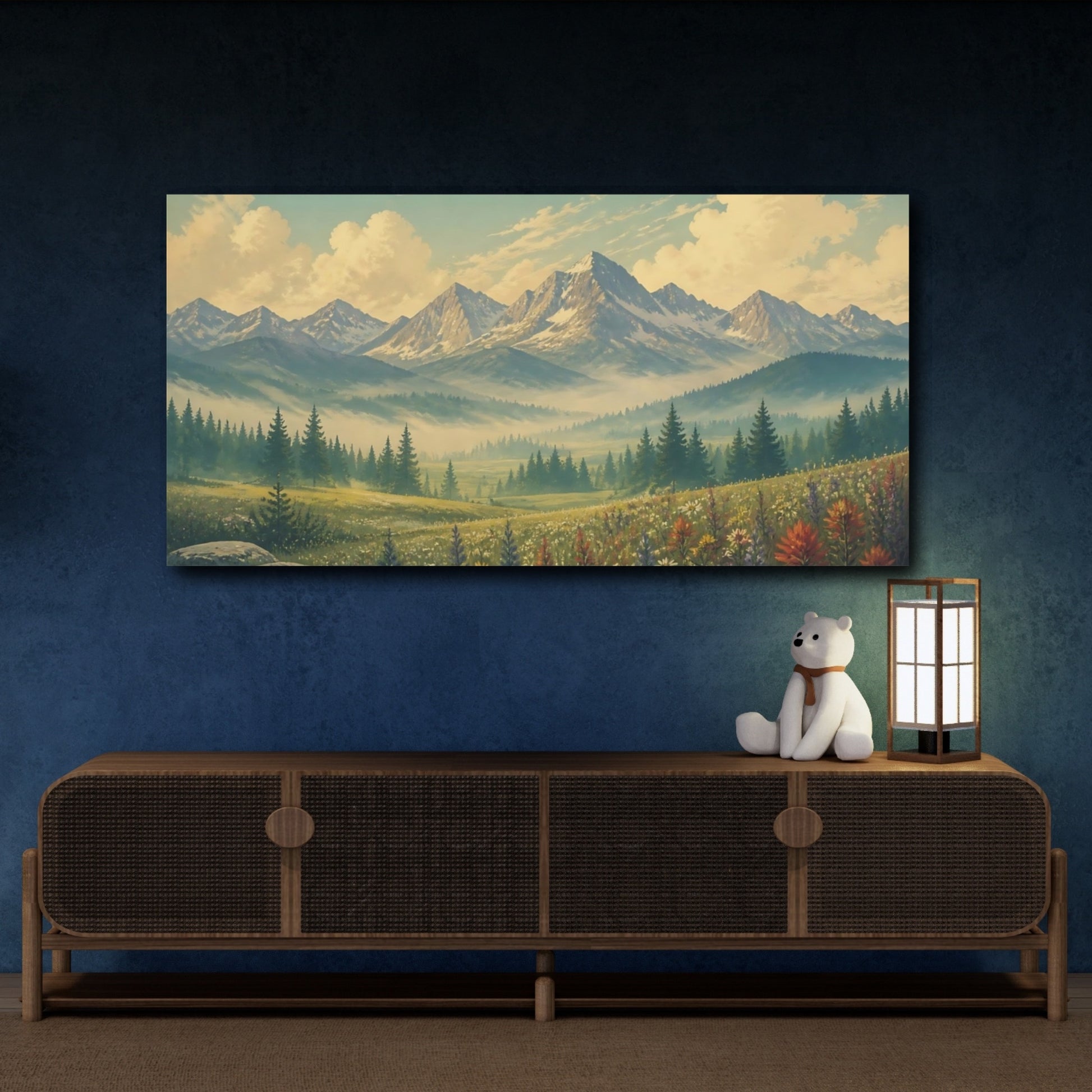 Mockup 4. Nature Mountain Meadow Green Blue Mountain shown as stretched canvas wall art