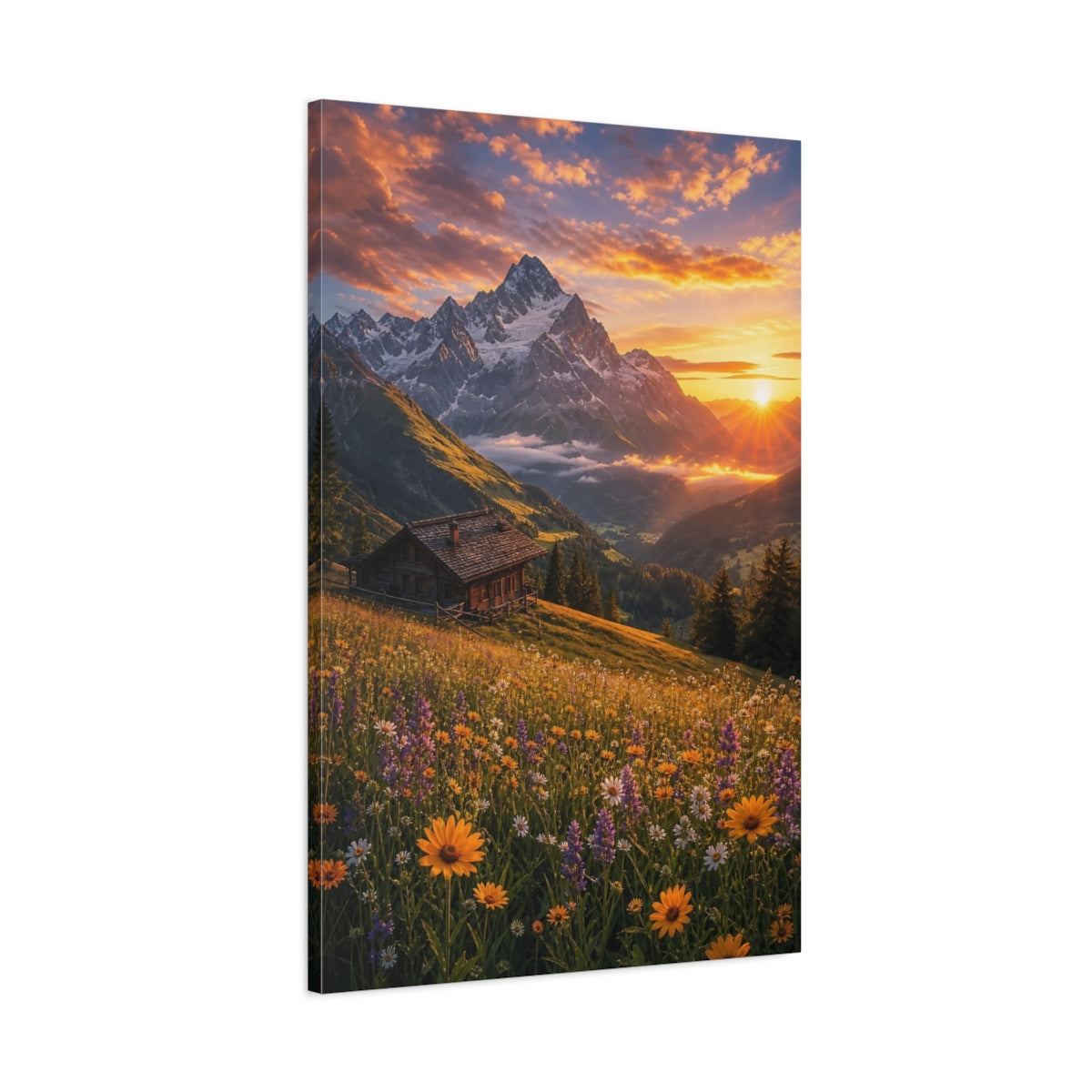 Main Mockup. Nature Mountain Meadow Mountain Sunset shown as stretched canvas wall art