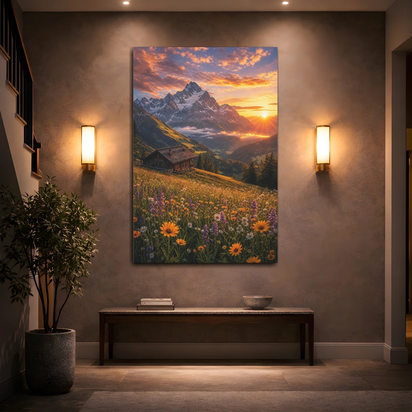Mockup 2. Nature Mountain Meadow Mountain Sunset shown as stretched canvas wall art