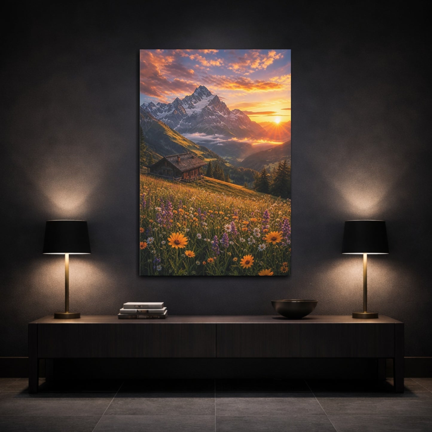 Mockup 3. Nature Mountain Meadow Mountain Sunset shown as stretched canvas wall art