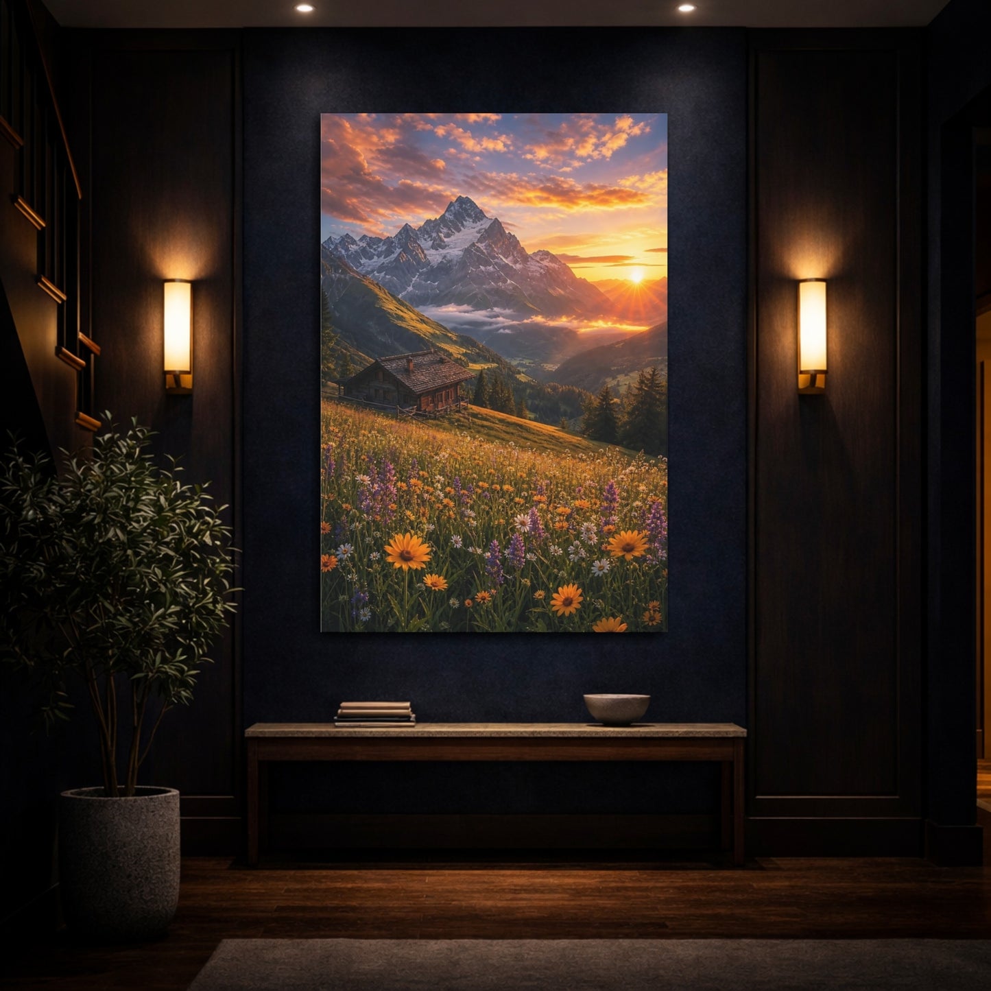 Mockup 4. Nature Mountain Meadow Mountain Sunset shown as stretched canvas wall art