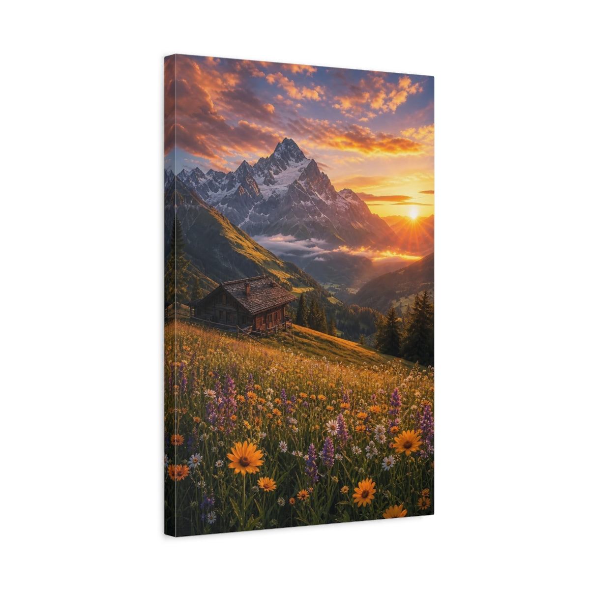 Side Mockup 3. Nature Mountain Meadow Mountain Sunset shown as stretched canvas wall art
