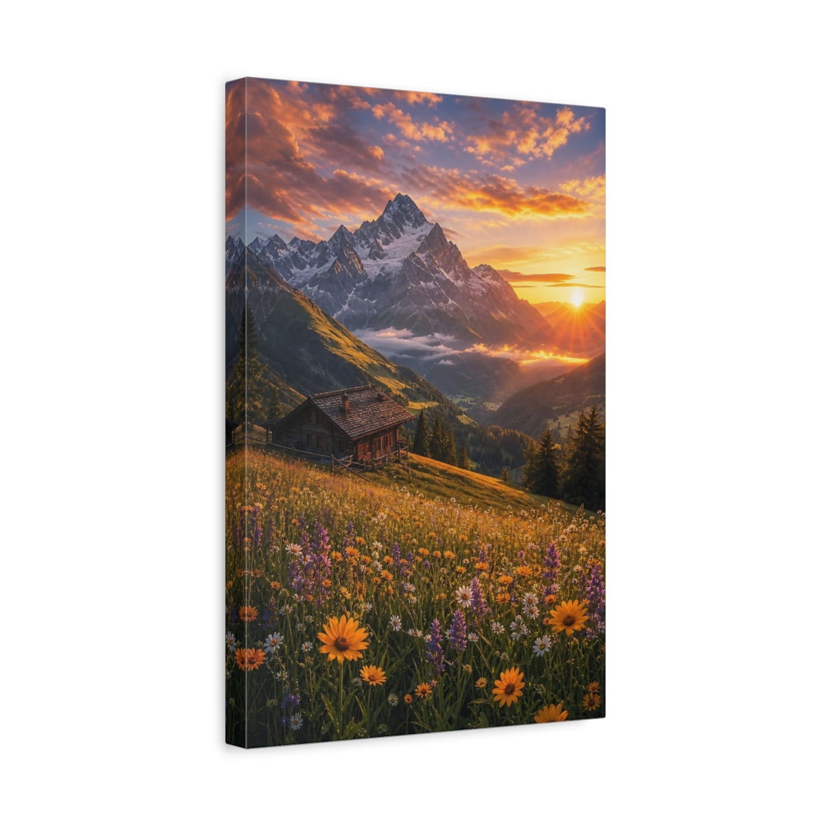 Side Mockup 4. Nature Mountain Meadow Mountain Sunset shown as stretched canvas wall art