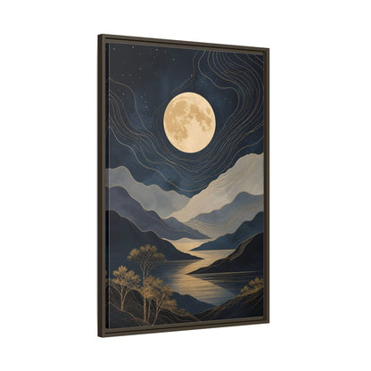 Nature Mountain Moon Navy Blue Gold Framed Canvas Wall Art - Abstract Living Room, Above Couch shown as canvas wall art