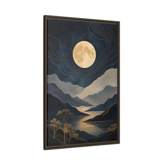 Main Mockup. Nature Mountain Moon Navy Blue Gold shown as stretched canvas wall art