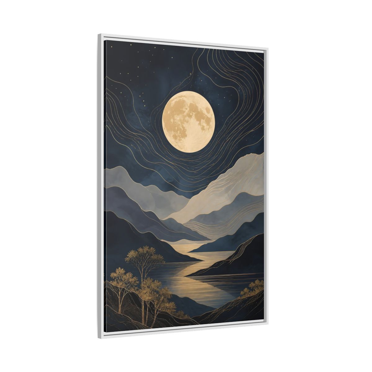 Side Mockup 7. Nature Mountain Moon Navy Blue Gold shown as stretched canvas wall art