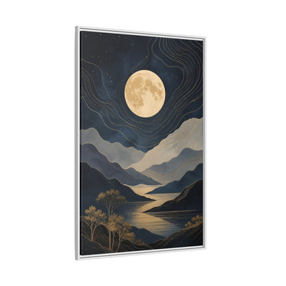 Nature Mountain Moon Navy Blue Gold Framed Canvas Wall Art - Abstract Living Room, Above Couch shown as canvas wall art