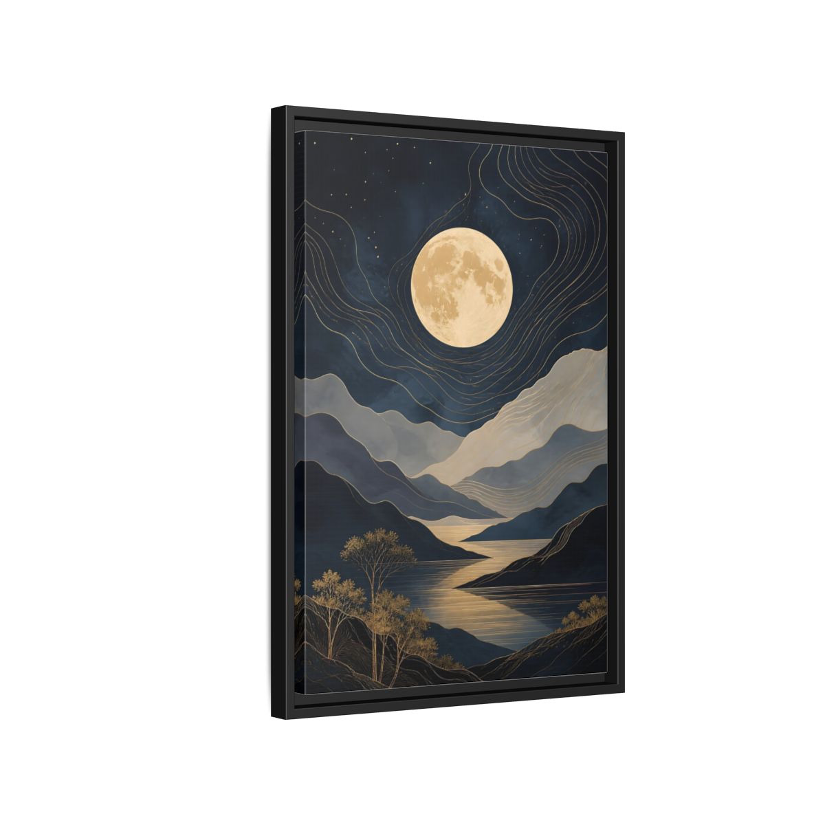 Side Mockup 3. Nature Mountain Moon Navy Blue Gold shown as stretched canvas wall art
