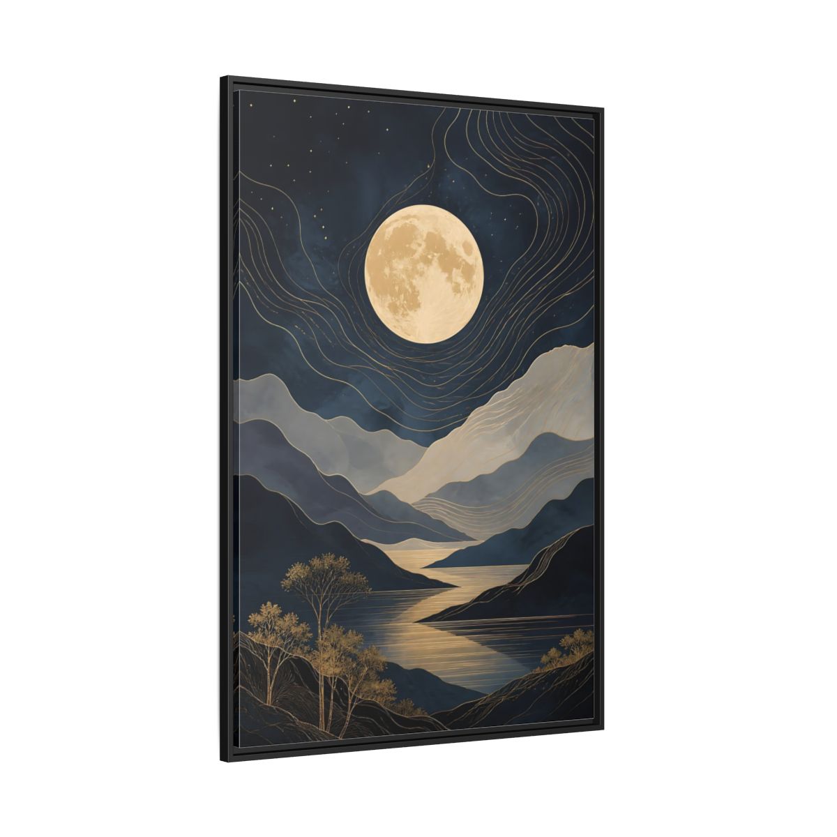 Side Mockup 12. Nature Mountain Moon Navy Blue Gold shown as stretched canvas wall art