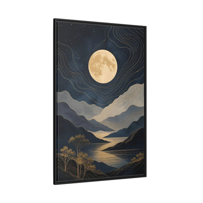 Nature Mountain Moon Navy Blue Gold Framed Canvas Wall Art - Abstract Living Room, Above Couch shown as canvas wall art