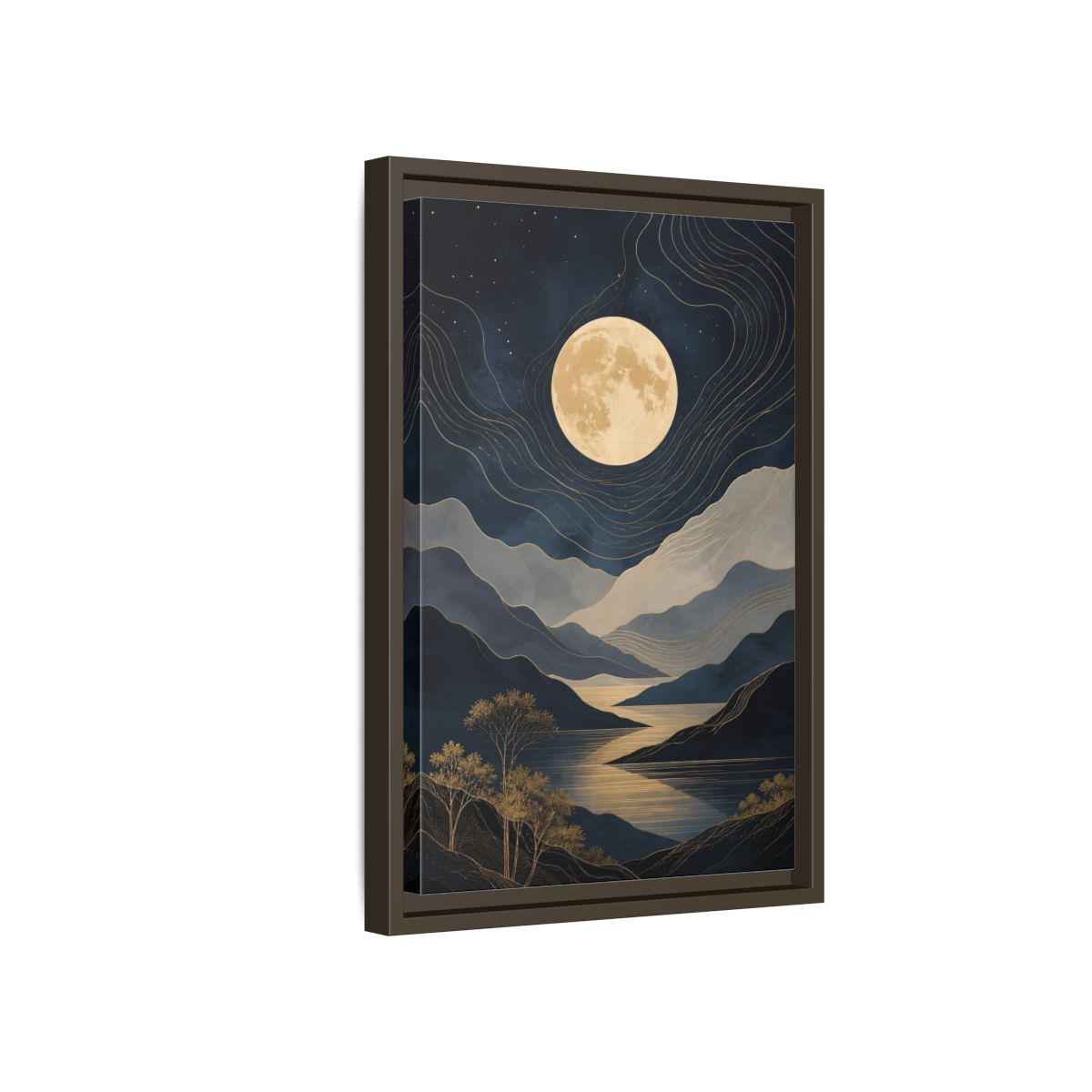 Side Mockup 5. Nature Mountain Moon Navy Blue Gold shown as stretched canvas wall art