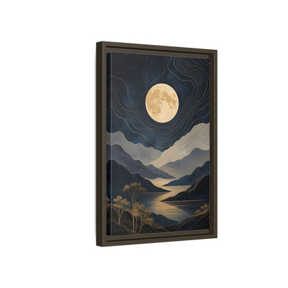 Nature Mountain Moon Navy Blue Gold Framed Canvas Wall Art - Abstract Living Room, Above Couch shown as canvas wall art