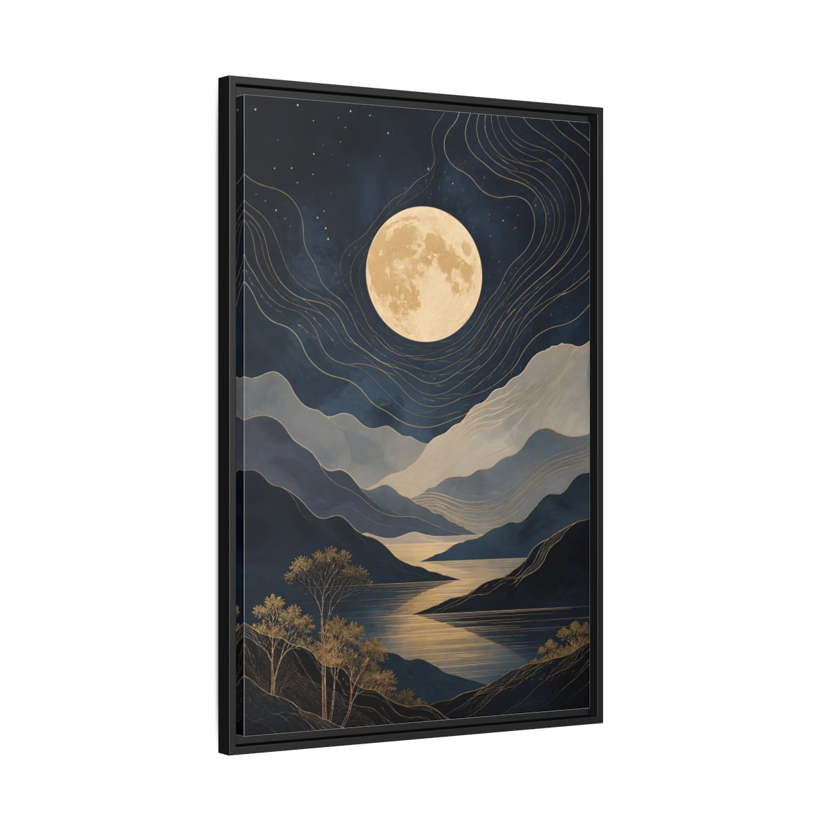 Side Mockup 13. Nature Mountain Moon Navy Blue Gold shown as stretched canvas wall art