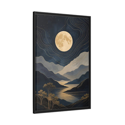 Nature Mountain Moon Navy Blue Gold Framed Canvas Wall Art - Abstract Living Room, Above Couch shown as canvas wall art