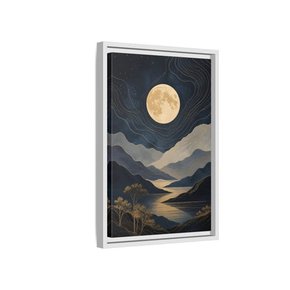 Nature Mountain Moon Navy Blue Gold Framed Canvas Wall Art - Abstract Living Room, Above Couch shown as canvas wall art