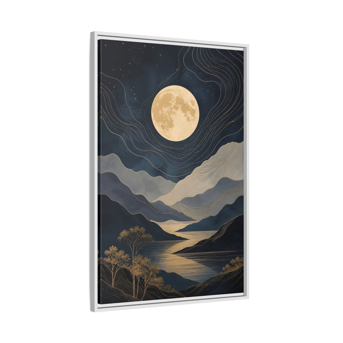 Side Mockup 9. Nature Mountain Moon Navy Blue Gold shown as stretched canvas wall art