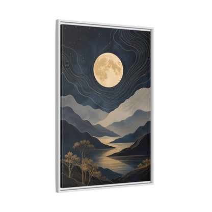 Nature Mountain Moon Navy Blue Gold Framed Canvas Wall Art - Abstract Living Room, Above Couch shown as canvas wall art