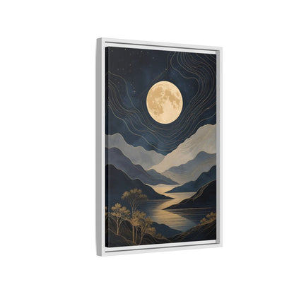 Nature Mountain Moon Navy Blue Gold Framed Canvas Wall Art - Abstract Living Room, Above Couch shown as canvas wall art