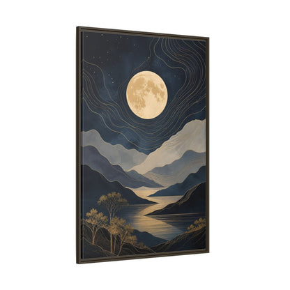 Nature Mountain Moon Navy Blue Gold Framed Canvas Wall Art - Abstract Living Room, Above Couch shown as canvas wall art