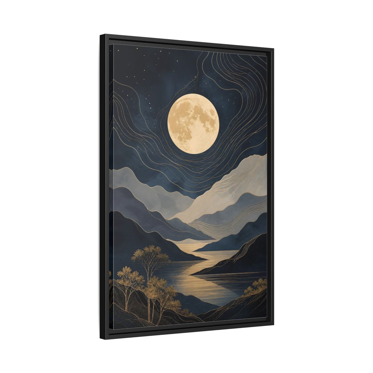 Side Mockup 14. Nature Mountain Moon Navy Blue Gold shown as stretched canvas wall art