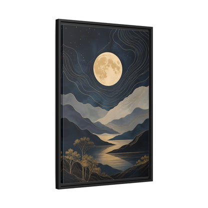 Nature Mountain Moon Navy Blue Gold Framed Canvas Wall Art - Abstract Living Room, Above Couch shown as canvas wall art