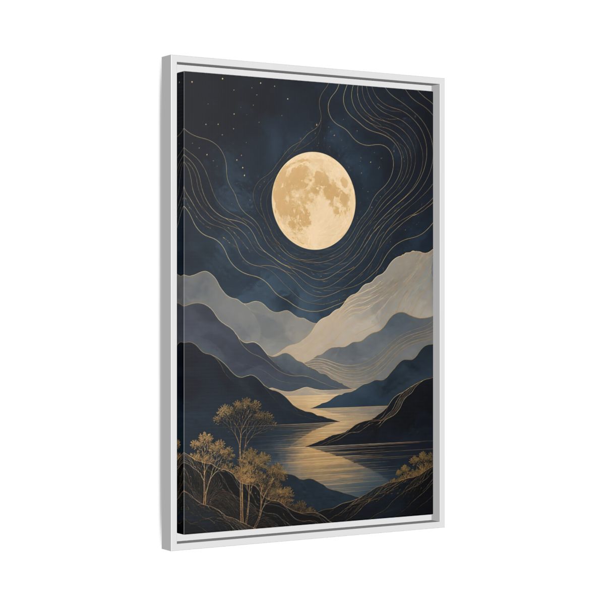 Side Mockup 10. Nature Mountain Moon Navy Blue Gold shown as stretched canvas wall art