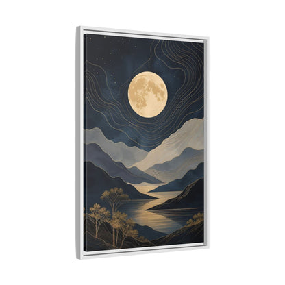 Nature Mountain Moon Navy Blue Gold Framed Canvas Wall Art - Abstract Living Room, Above Couch shown as canvas wall art