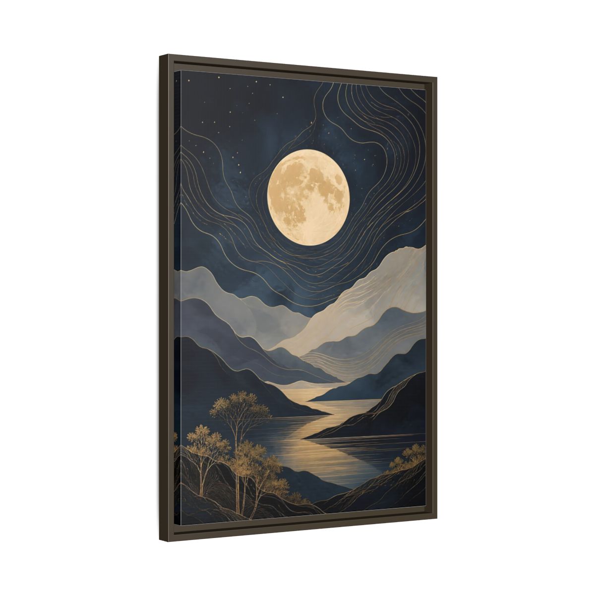 Side Mockup 11. Nature Mountain Moon Navy Blue Gold shown as stretched canvas wall art