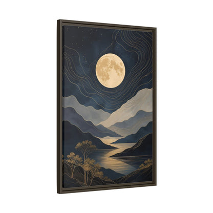 Nature Mountain Moon Navy Blue Gold Framed Canvas Wall Art - Abstract Living Room, Above Couch shown as canvas wall art