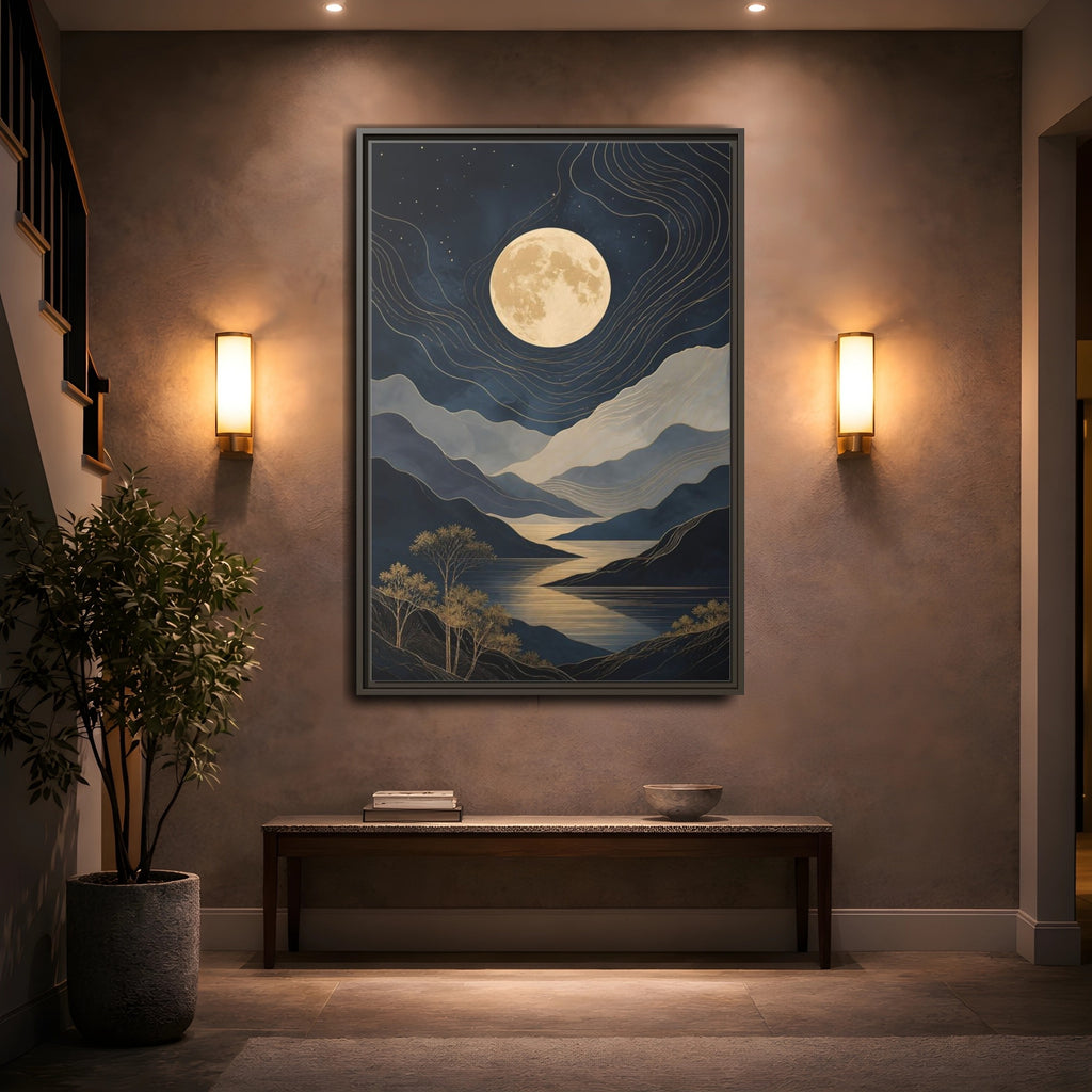 Mockup 2. Nature Mountain Moon Navy Blue Gold shown as stretched canvas wall art