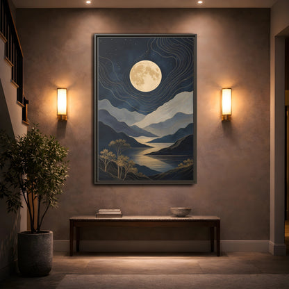 Nature Mountain Moon Navy Blue Gold Framed Canvas Wall Art - Abstract Living Room, Above Couch shown as canvas wall art