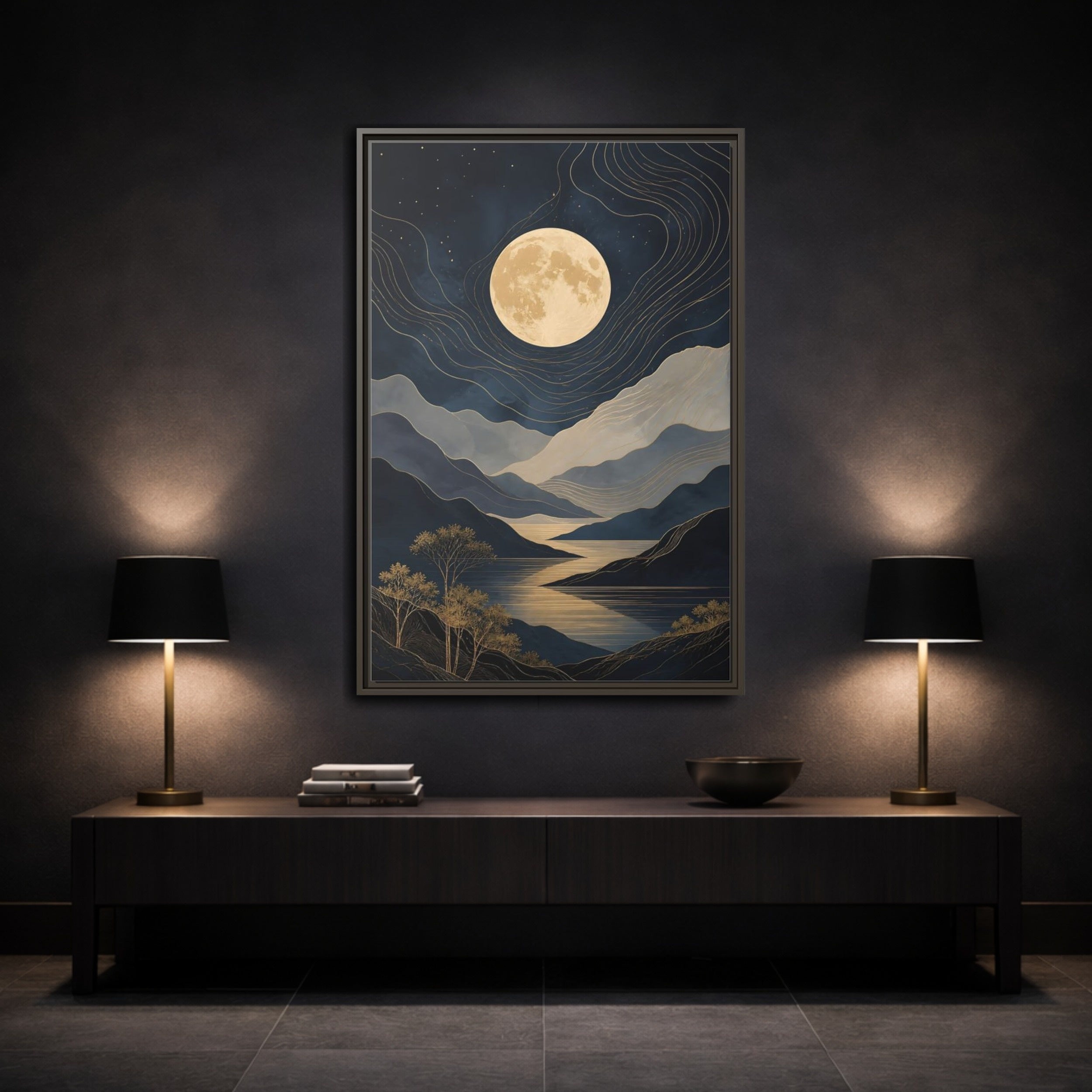 Mockup 3. Nature Mountain Moon Navy Blue Gold shown as stretched canvas wall art