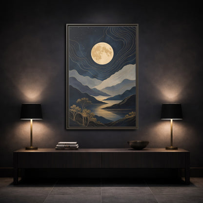 Nature Mountain Moon Navy Blue Gold Framed Canvas Wall Art - Abstract Living Room, Above Couch shown as canvas wall art