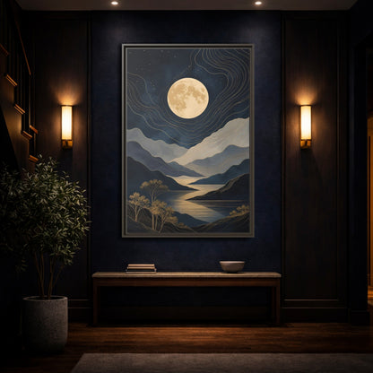 Nature Mountain Moon Navy Blue Gold Framed Canvas Wall Art - Abstract Living Room, Above Couch shown as canvas wall art