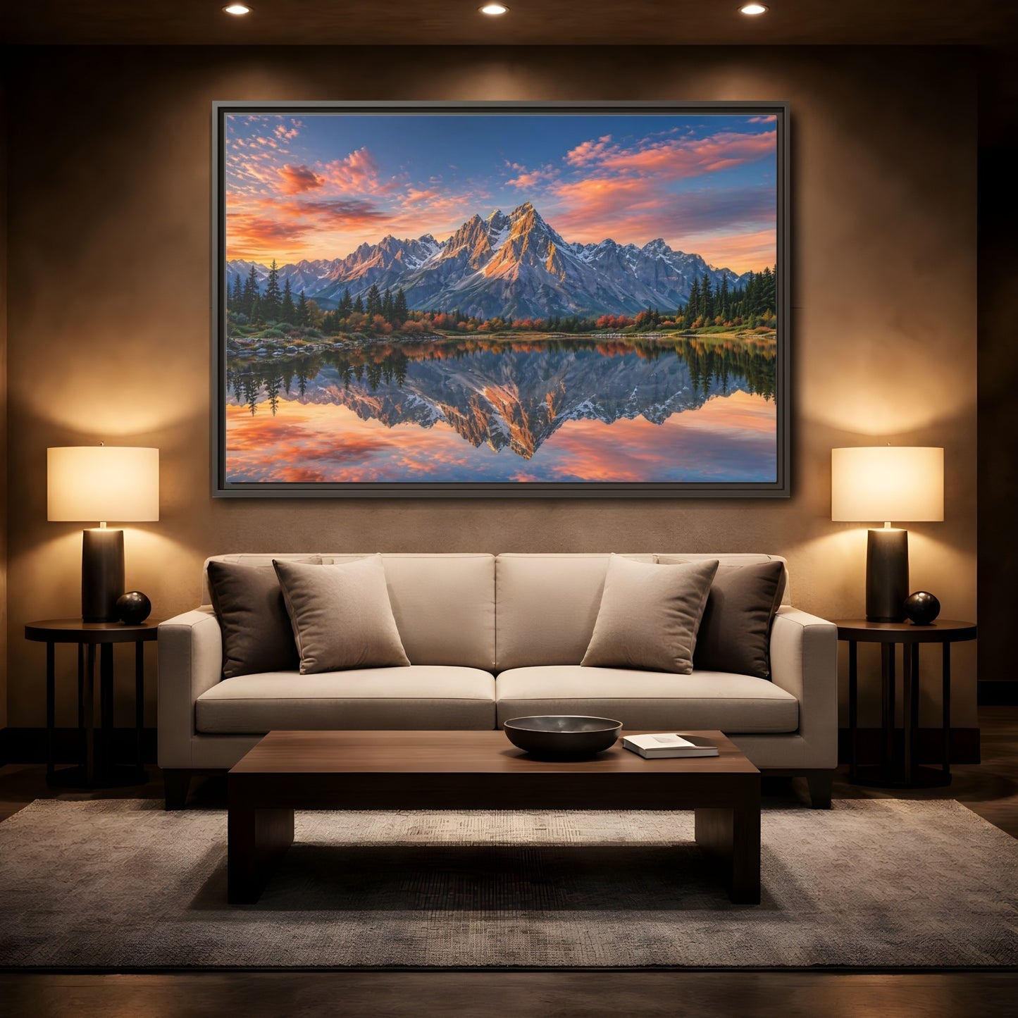 Mockup 2. Nature Mountain Mountain Lake Reflection shown as stretched canvas wall art