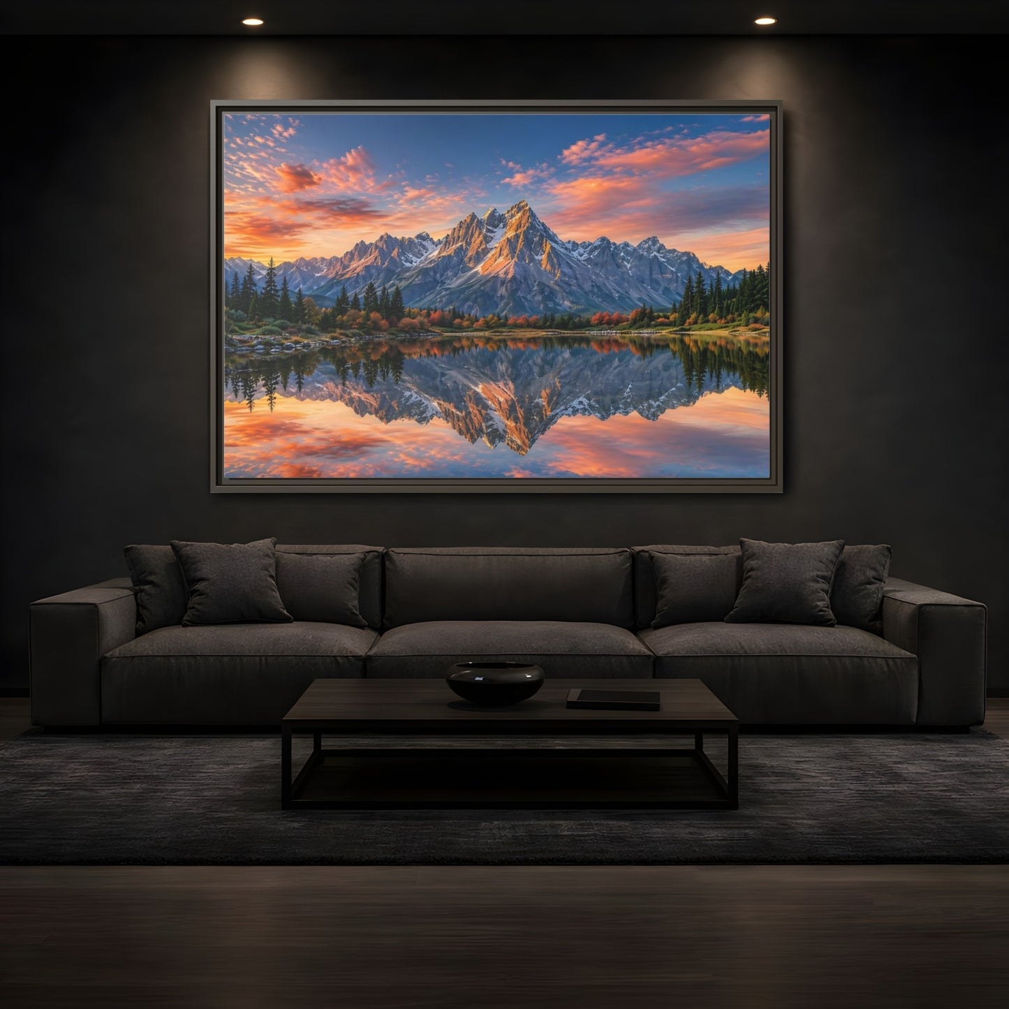 Mockup 3. Nature Mountain Mountain Lake Reflection shown as stretched canvas wall art