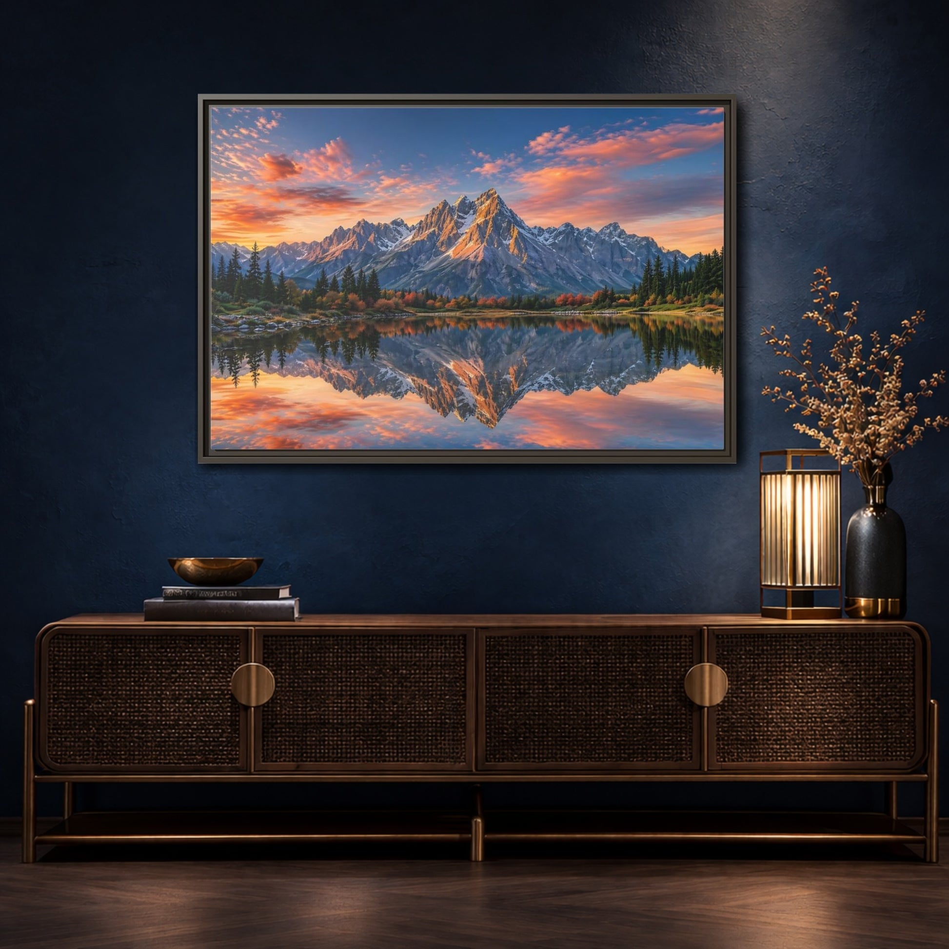 Mockup 4. Nature Mountain Mountain Lake Reflection shown as stretched canvas wall art