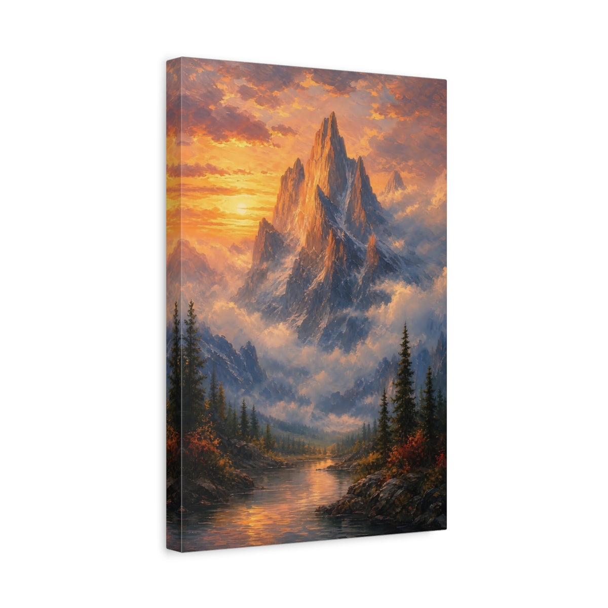 Side Mockup 4. Nature Mountain Orange Blue Mountain shown as stretched canvas wall art