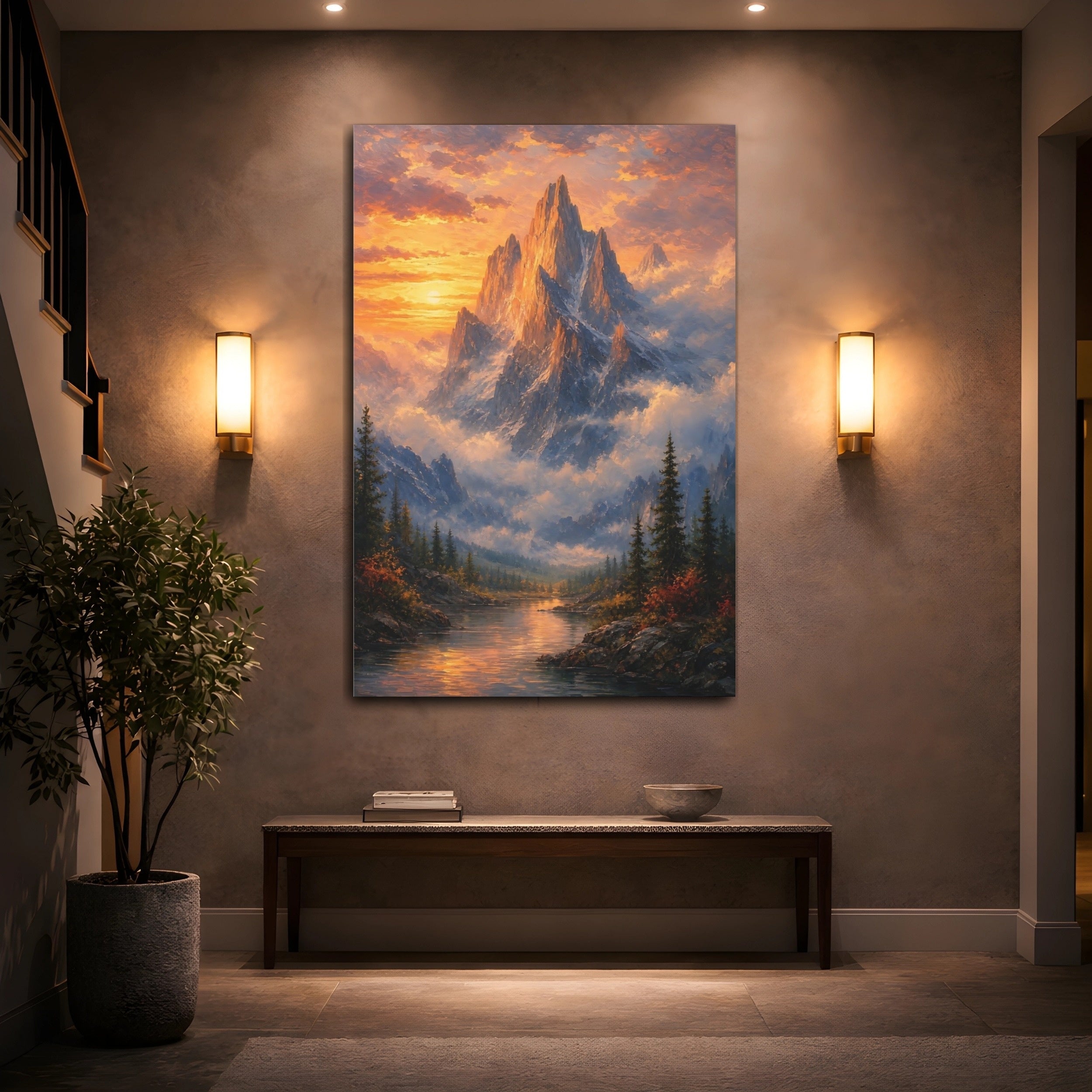 Mockup 2. Nature Mountain Orange Blue Mountain shown as stretched canvas wall art
