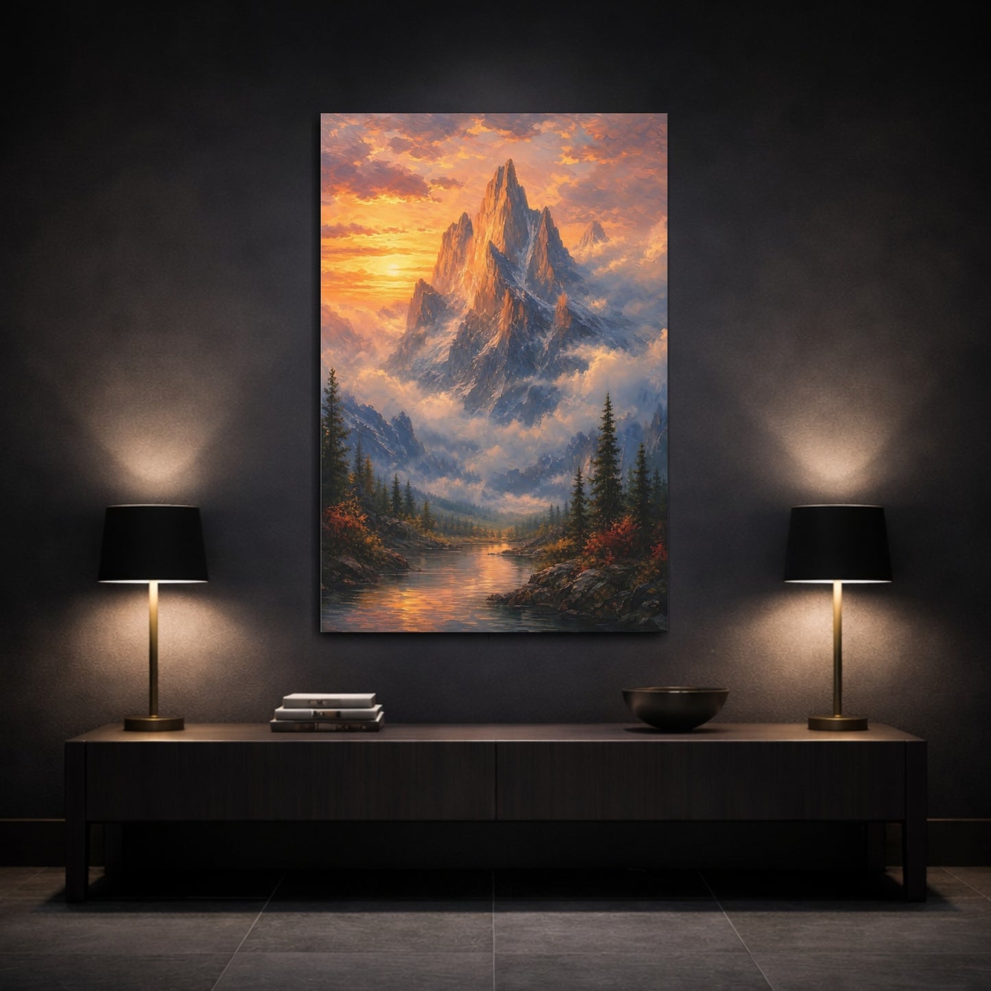 Mockup 3. Nature Mountain Orange Blue Mountain shown as stretched canvas wall art