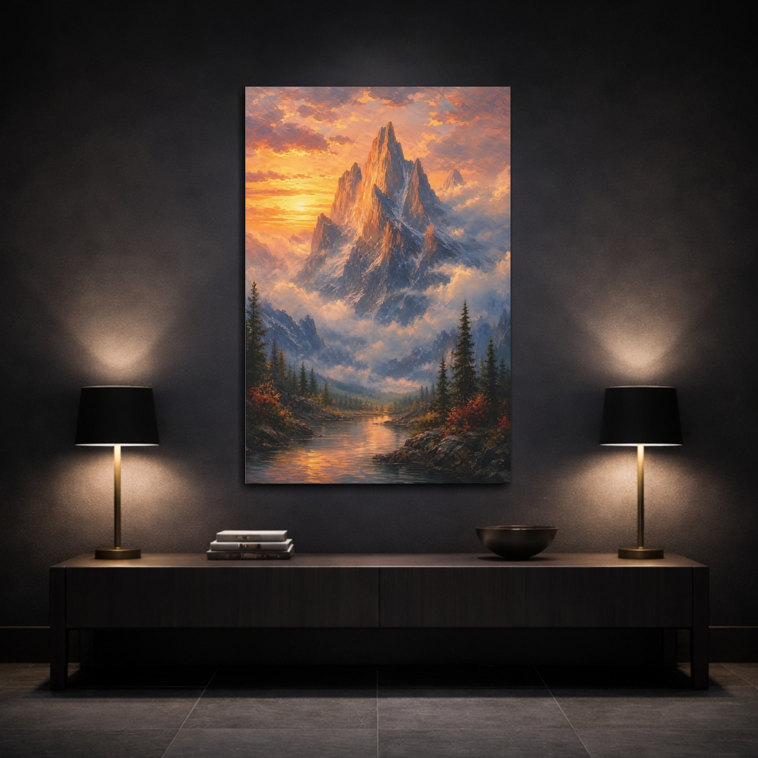 Mockup 3. Nature Mountain Orange Blue Mountain shown as stretched canvas wall art