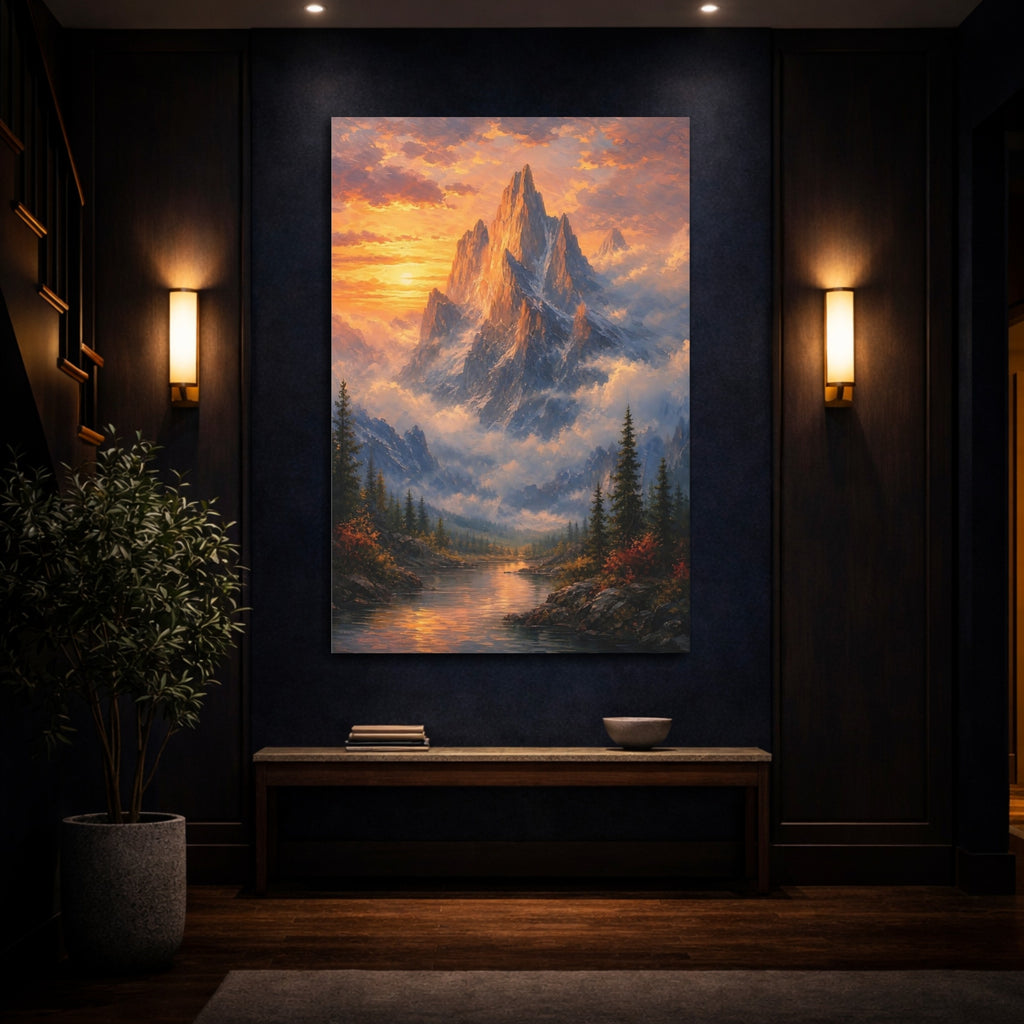 Mockup 4. Nature Mountain Orange Blue Mountain shown as stretched canvas wall art