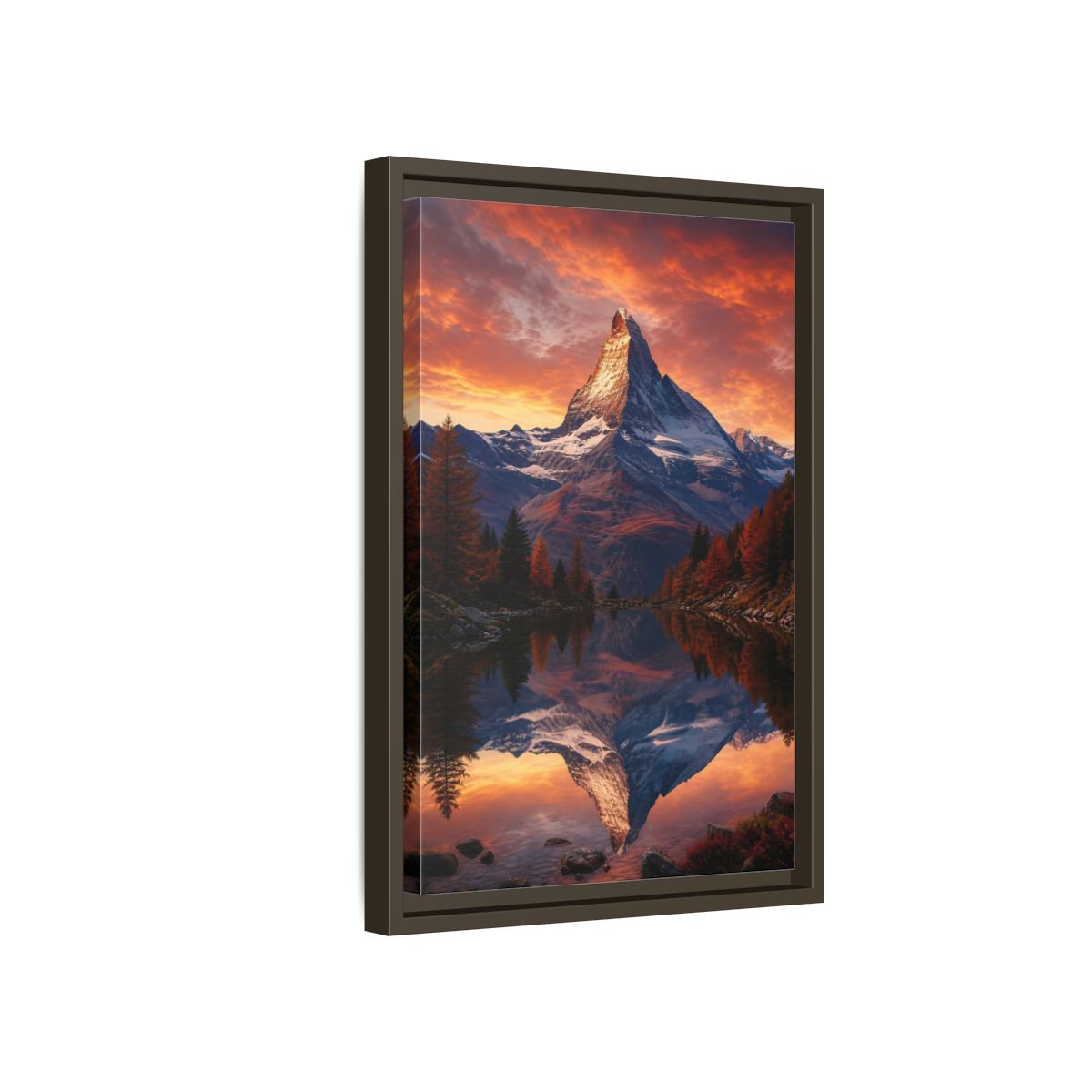 Nature Mountain Orange Lake Framed Canvas Wall Art - Realistic Living Room, Above Console Table shown as canvas wall art