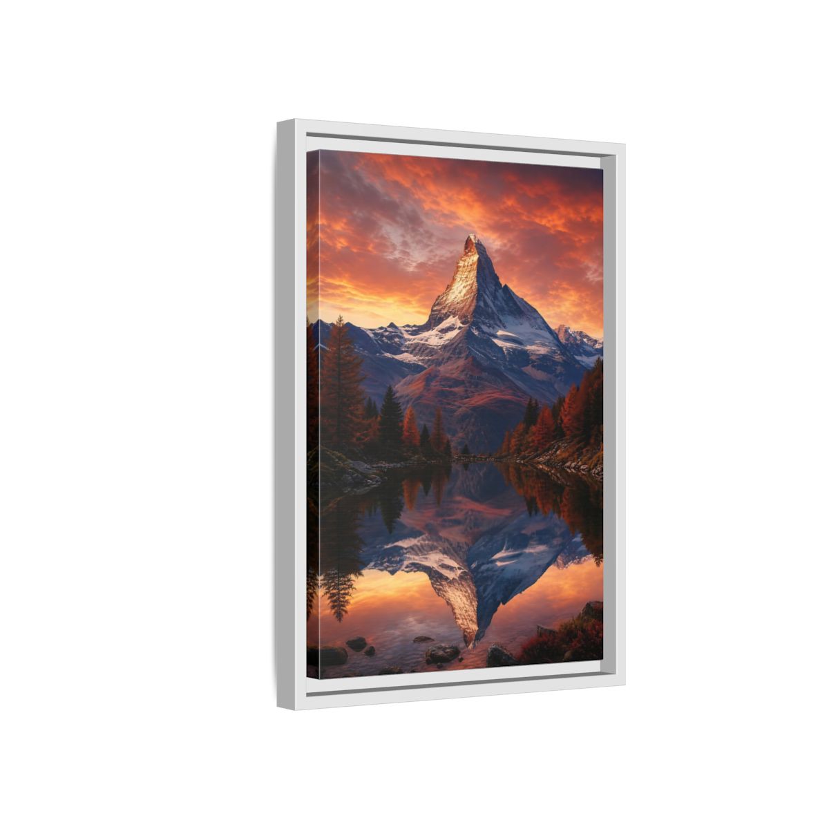 Nature Mountain Orange Lake Framed Canvas Wall Art - Realistic Living Room, Above Console Table shown as canvas wall art